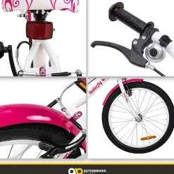 Actionbikes Kinderfahrrad Butterfly 20 Zoll, Pink, Fahrradständer, Kettenschutz, Antirutschgriffe (Weiß/Pink)