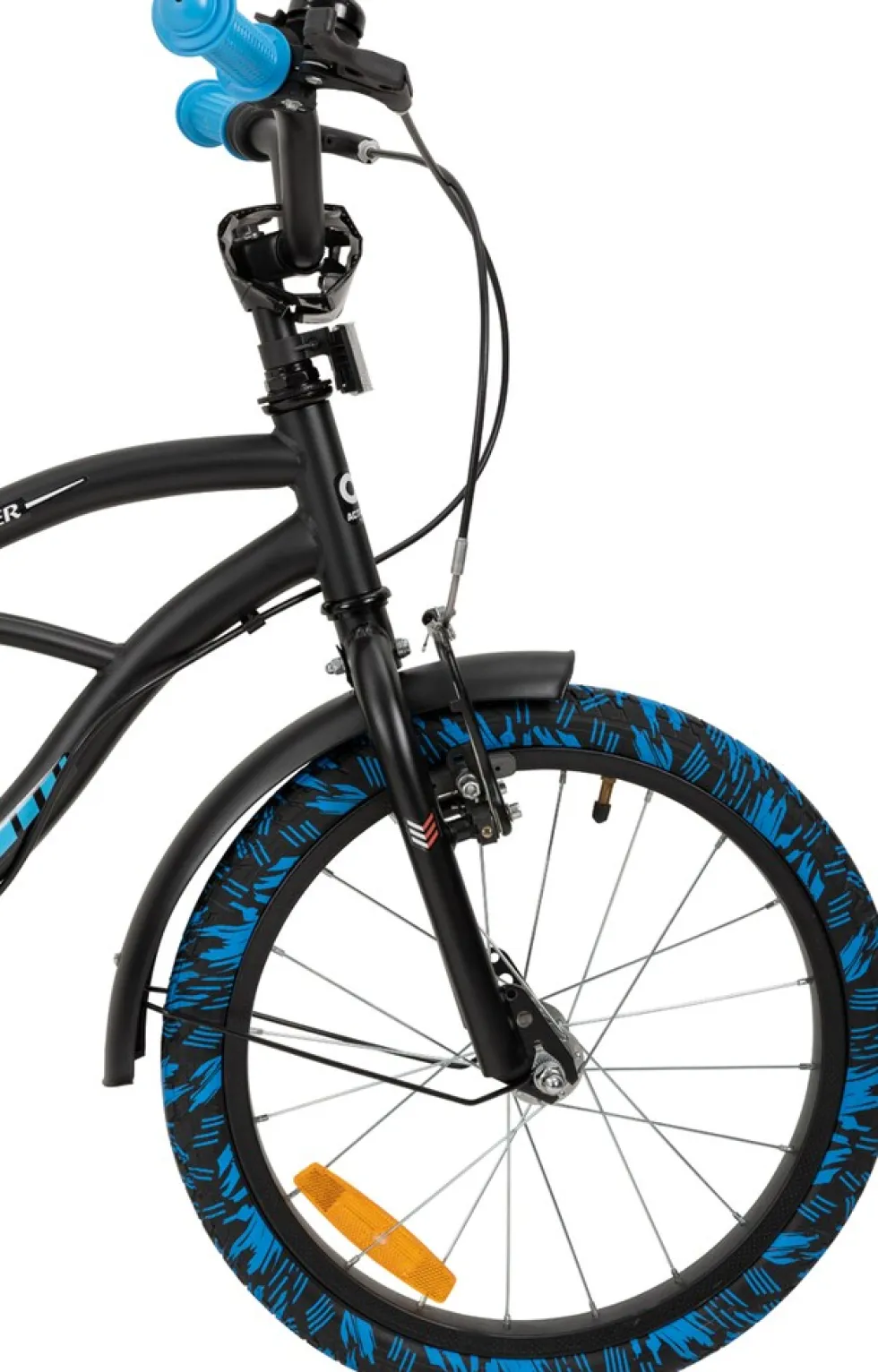 Actionbikes Kinderfahrrad Cruiser 18 Zoll, schwarz, Fahrradständer, Antirutschgriffe, Lenkerschutz (Schwarz/Blau)