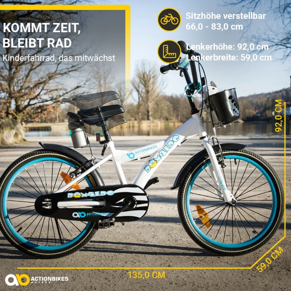 Actionbikes Kinderfahrrad Donaldo 20 Zoll, V-Brake-Bremsen, höhenverstellbar, Seitenständer, Korb