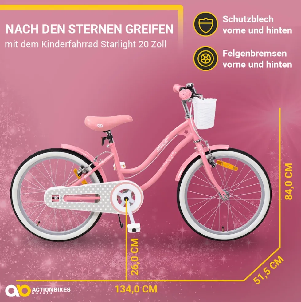 Actionbikes Kinderfahrrad Starlight 20 Zoll, Rosa, Fahrradständer, Korb, Klingel, Kettenschutz (Classic)