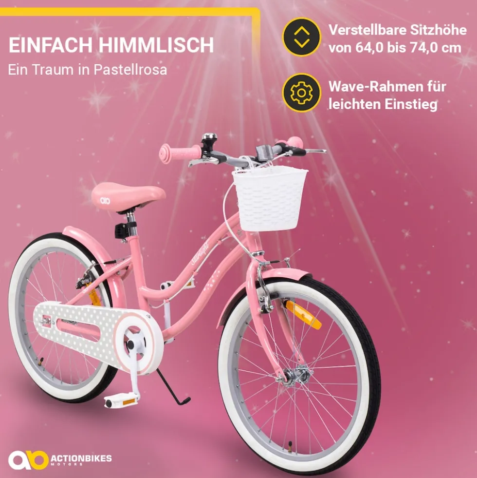 Actionbikes Kinderfahrrad Starlight 20 Zoll, Rosa, Fahrradständer, Korb, Klingel, Kettenschutz (Classic)