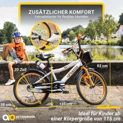 Actionbikes Kinderfahrrad Timson 20 Zoll, V-Brake-Bremsen, höhenverstellbar, Fahrradständer, Korb