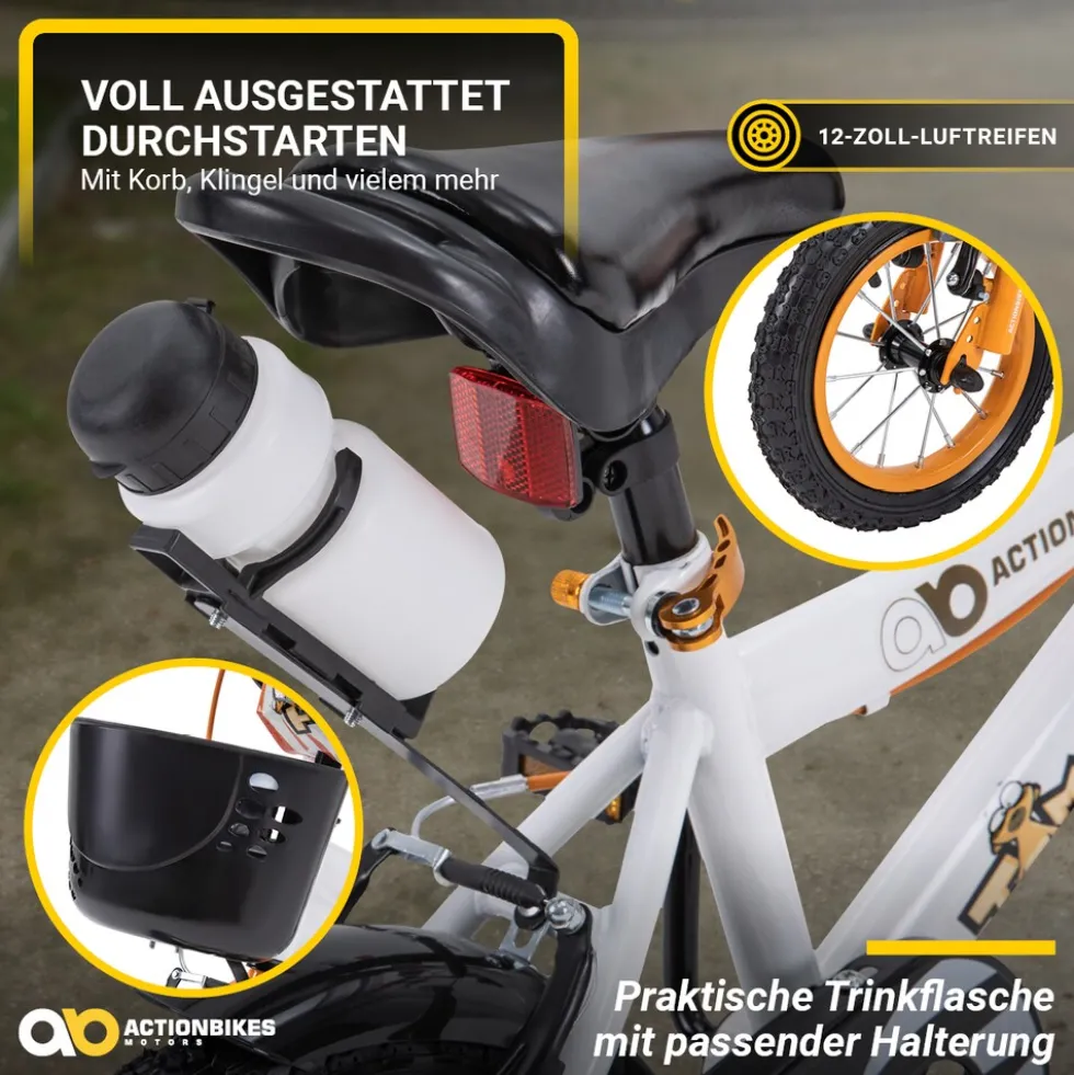 Actionbikes Kinderfahrrad Timson 12 Zoll, V-Brake-Bremsen, höhenverstellbar, Stützräder, Korb
