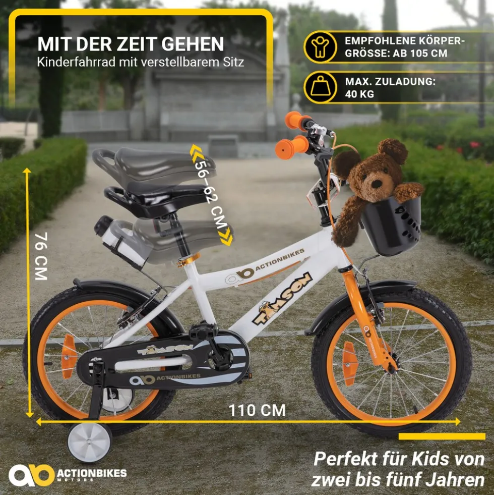 Actionbikes Kinderfahrrad Timson 16 Zoll, V-Brake-Bremsen, höhenverstellbar, Stützräder, Korb
