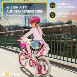 Actionbikes Kinderfahrrad Unicorn 16 Zoll, Pink, Einhorn-Design, Puppensitz, Stützräder, Fahrradkorb