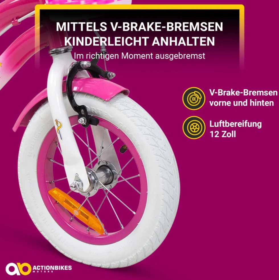 Actionbikes Kinderfahrrad Unicorn 12 Zoll, Pink, Einhorn-Design, Puppensitz, Stützräder, Fahrradkorb