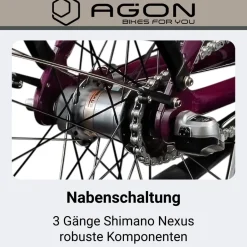 Agon Axis E-Bike 26 Zoll Citybike Damen Herren 140 - 165 cm Pedelec mit Nabenmotor Fahrrad 3 Gang und Beleuchtung StVZO