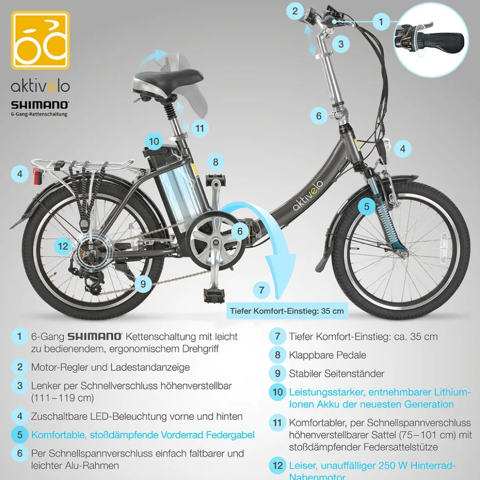 aktivelo Alu-Elektro-Faltrad Klapprad »Sport«, 20 Zoll