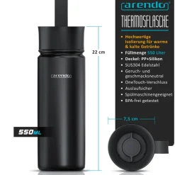 Arendo Thermoflasche 0,5 l, Edelstahl Isolierflasche, BPA-frei, für unterwegs, geschmacksneutral, hält kalt & warm