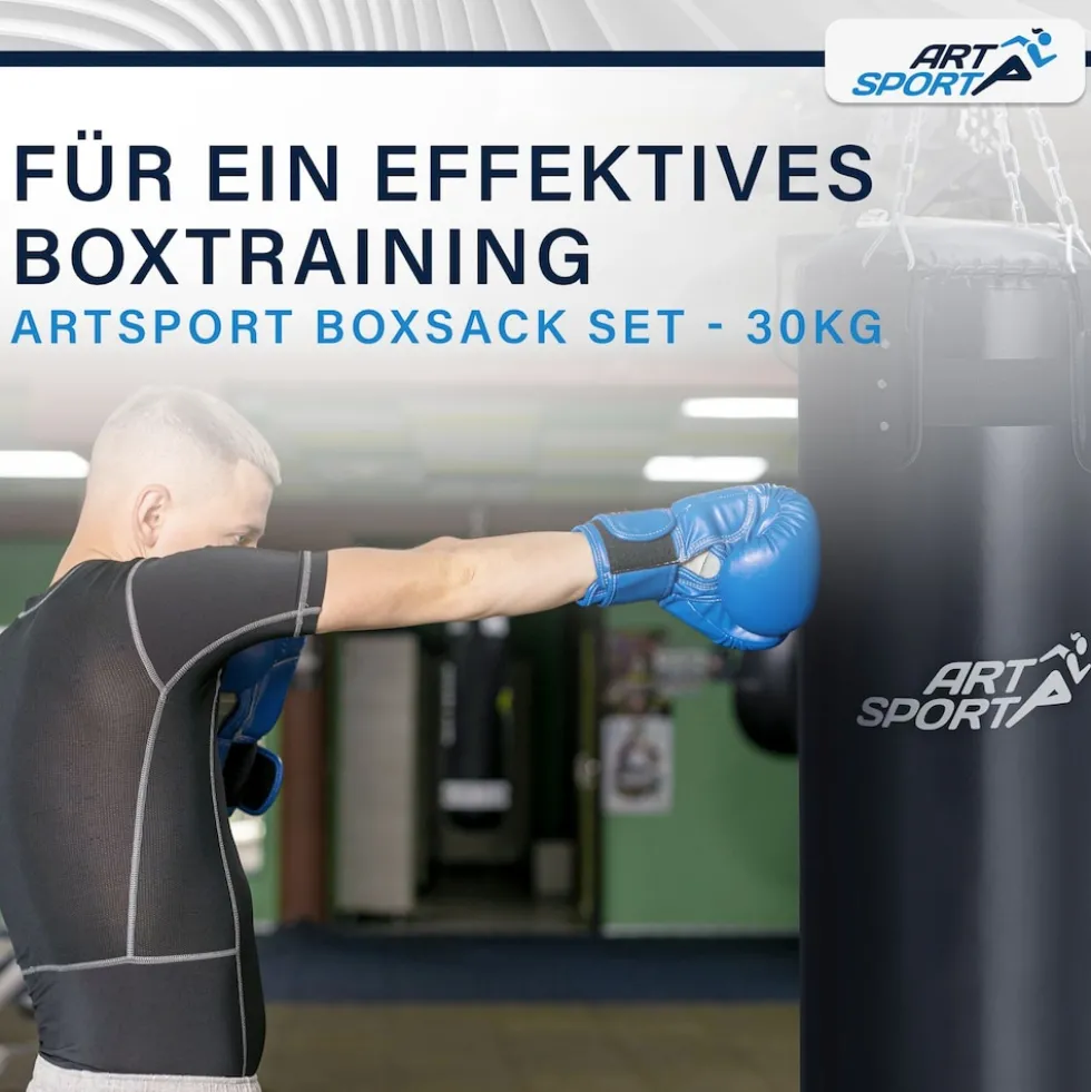 ArtSport Boxsack 30kg gefüllt, Box Set mit Stahlkette & Karabinerhaken für Erwachsene Schwarz