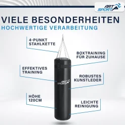 ArtSport Boxsack 30kg gefüllt, Box Set mit Stahlkette & Karabinerhaken für Erwachsene Schwarz