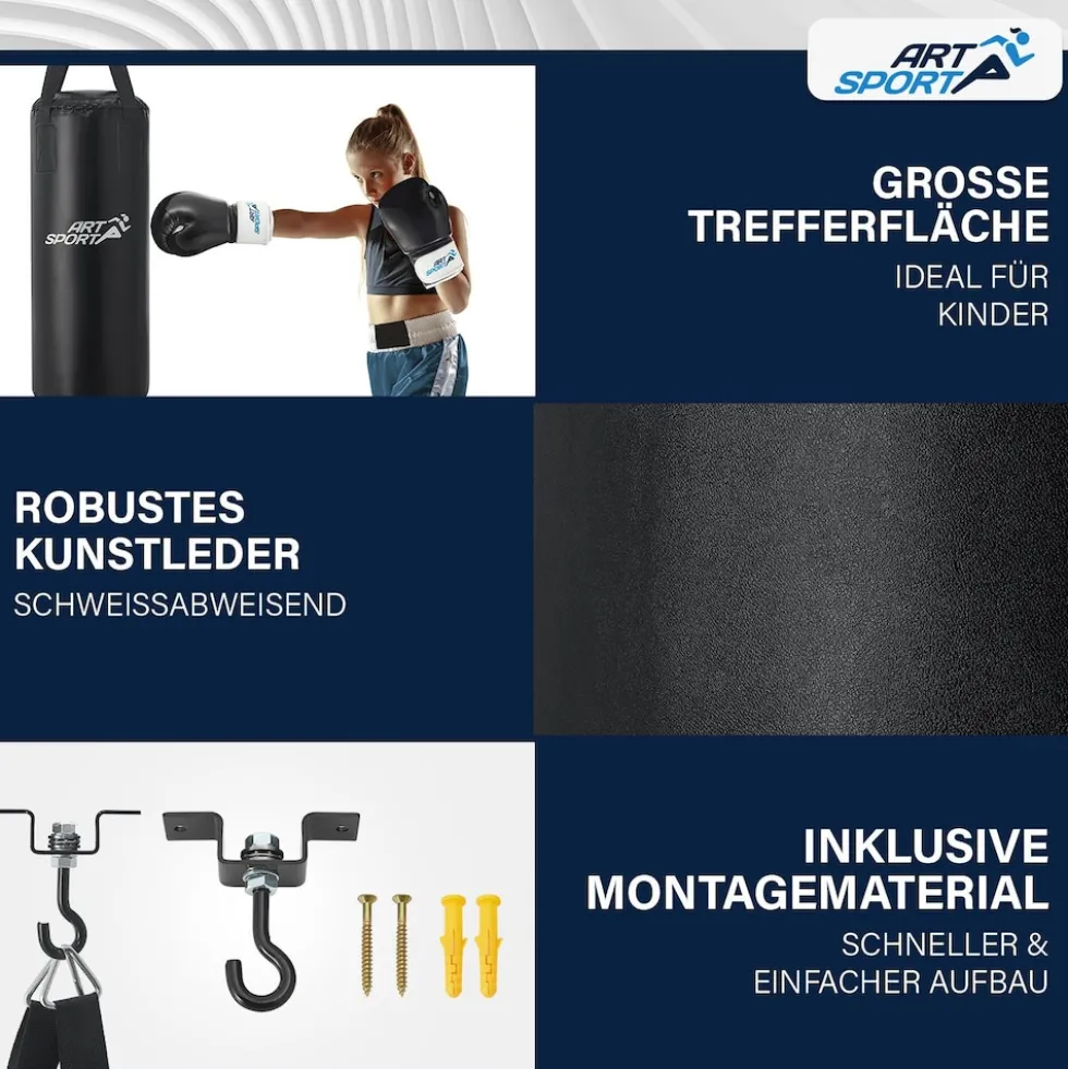 ArtSport Boxsack Set gefüllt – Kinder Boxset 10 kg mit Boxhandschuhen, Bandagen, Deckenhalterung