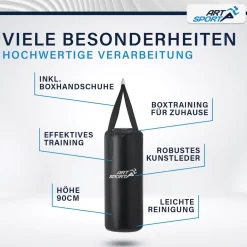 ArtSport Boxsack Set gefüllt – Kinder Boxset 10 kg mit Boxhandschuhen, Bandagen, Deckenhalterung