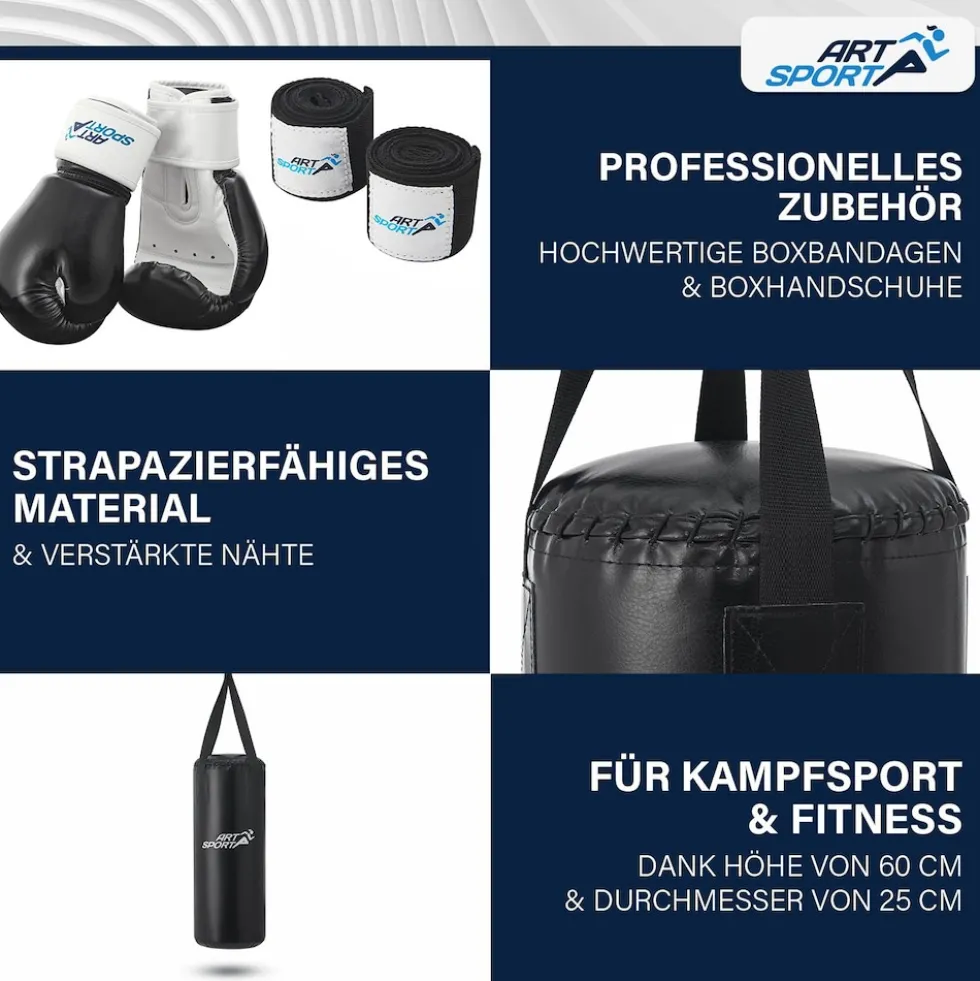 ArtSport Boxsack Set gefüllt – Kinder Boxset 10 kg mit Boxhandschuhen, Bandagen, Deckenhalterung