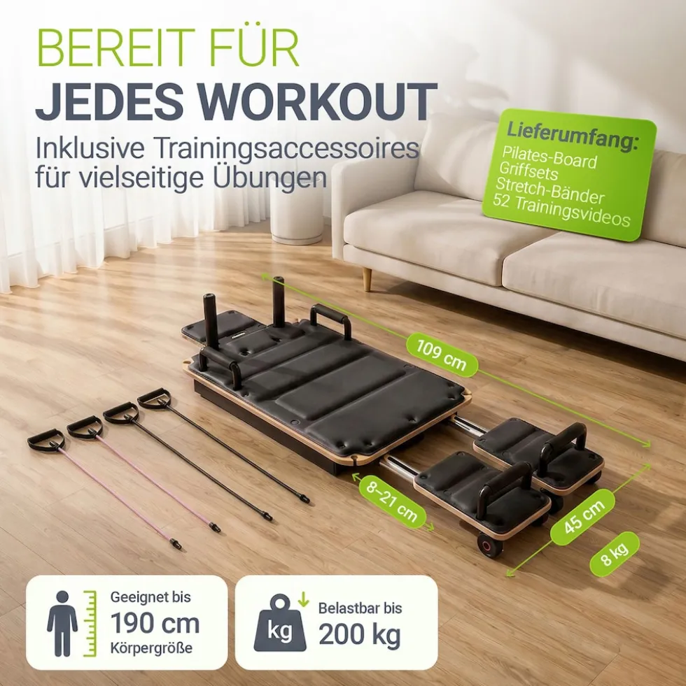ARTSPORT® Pilates Reformer Board Movea in Schwarz - Ganzkörper-Fitnessgerät mit 6 Trainingsbändern, Mini Reformer inkl. 52 x Trainingsvideos