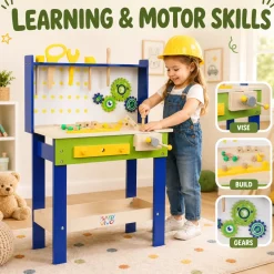 Baby Vivo Spielwerkbank / Werkbank für Kinder aus Holz - Luigi mit drehbaren Zahnrädern und 29 Teilen Zubehör