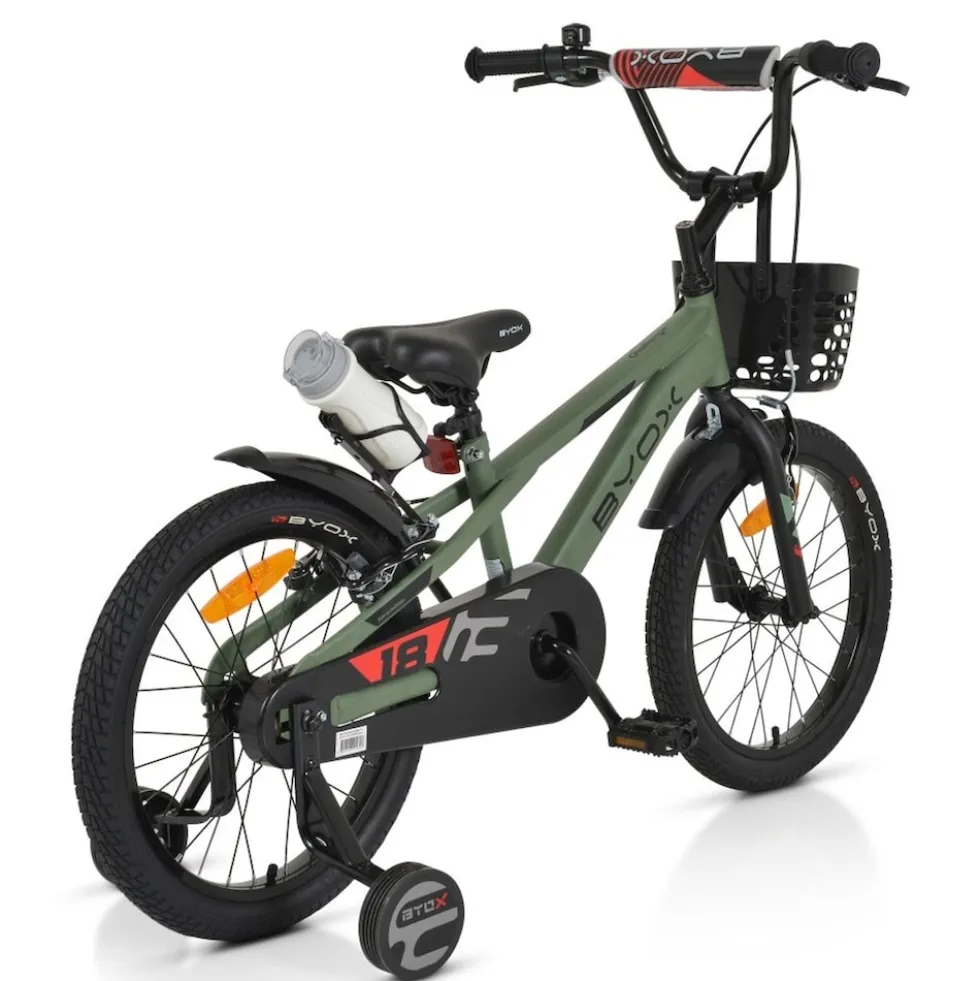 Byox Kinderfahrrad Challenge 18 Zoll Frontkorb Flasche Stützräder ab 5 Jahre grün