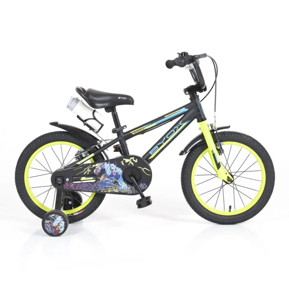 Byox Kinderfahrrad Monster 16 Zoll schwarz, Stützräder, Metall-Rahmen, Klingel