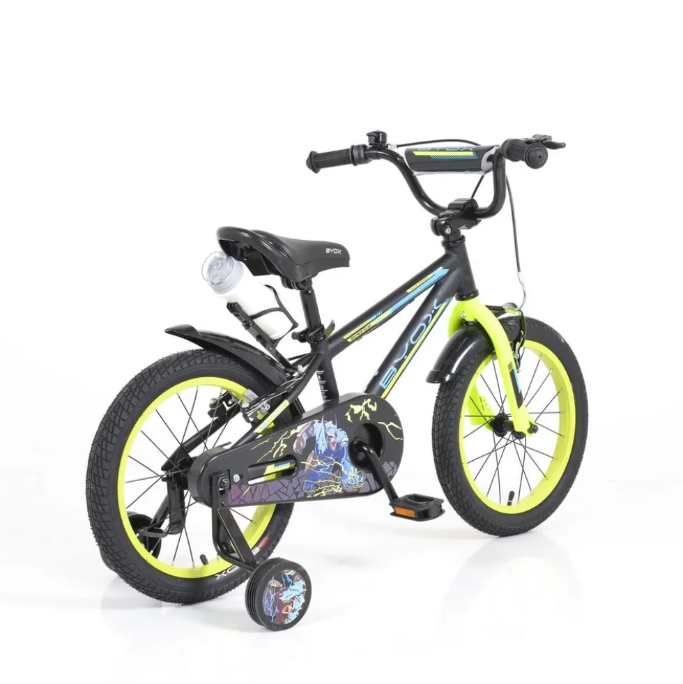 Byox Kinderfahrrad Monster 16 Zoll schwarz, Stützräder, Metall-Rahmen, Klingel