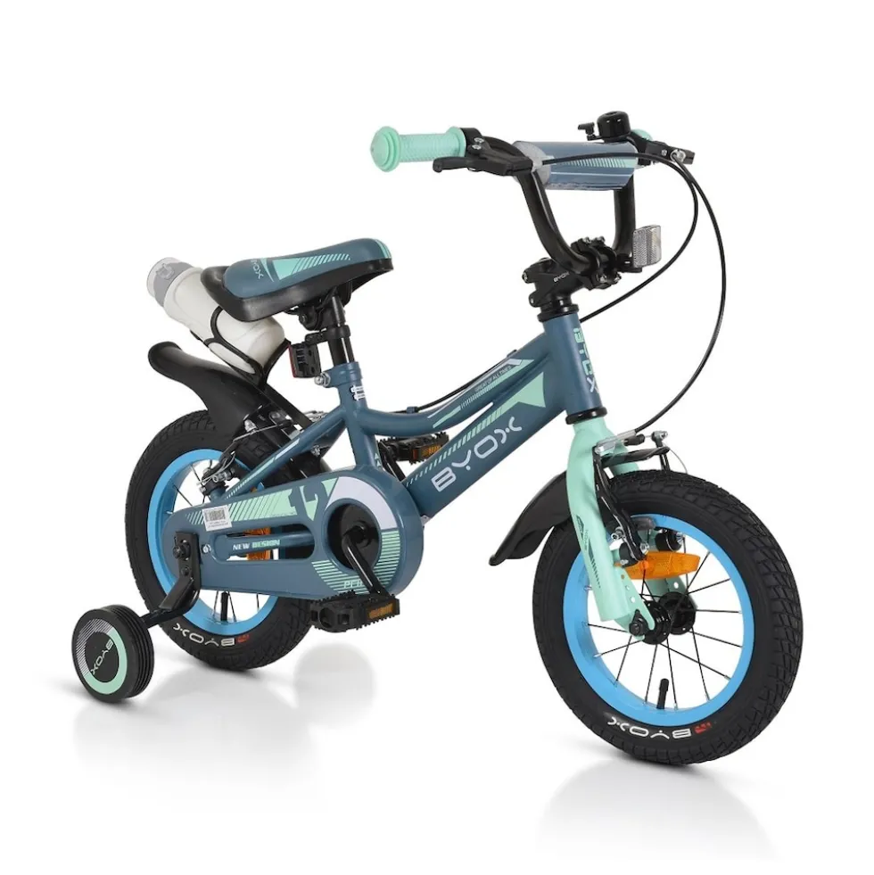 Byox Kinderfahrrad 12 Zoll Prince, sportliches Design, Stützräder, Kettenschutz grau-blau