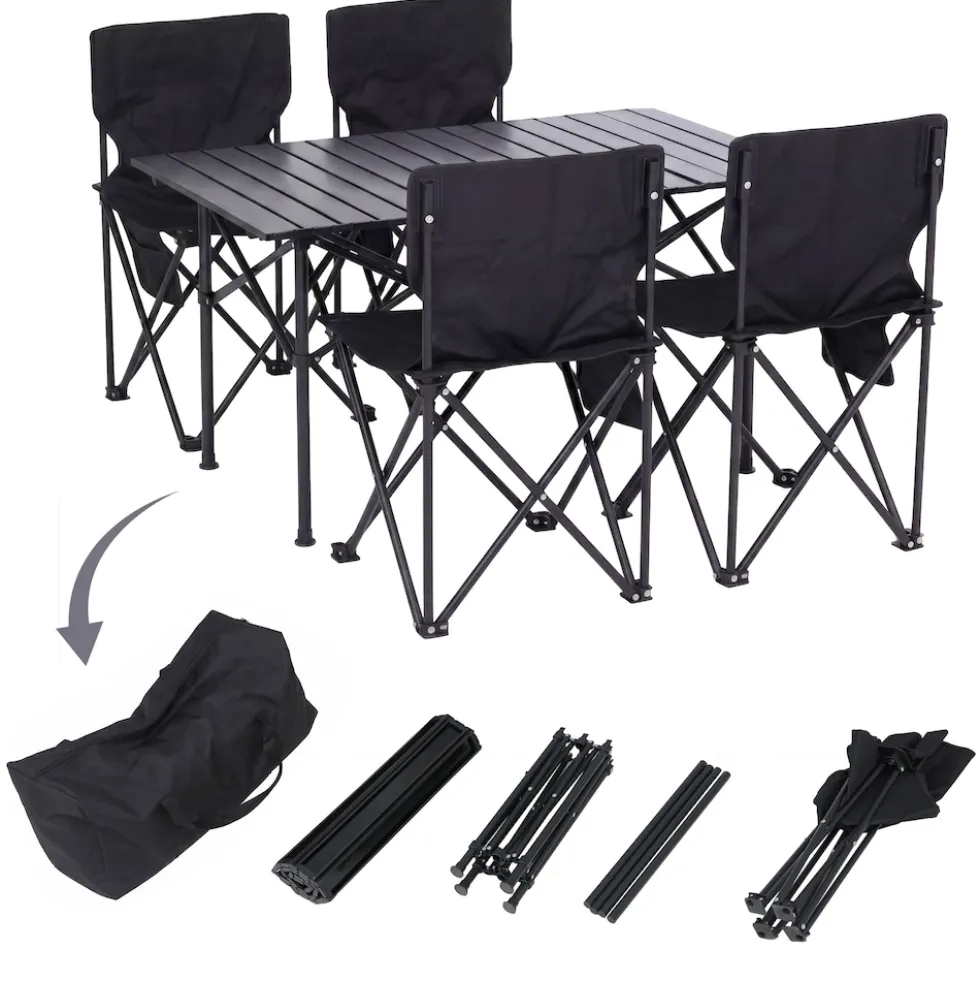 Campingset MCW-Q39, Tisch 4x Stuhl Klappstuhl Anglerstuhl faltbar, Metall Stoff ~ schwarz