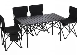 Campingset MCW-Q39, Tisch 4x Stuhl Klappstuhl Anglerstuhl faltbar, Metall Stoff ~ schwarz