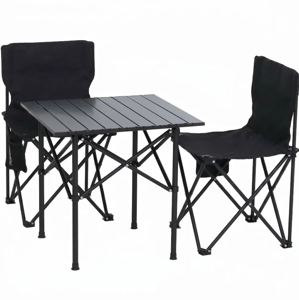 Campingset MCW-Q39, Tisch 2x Stuhl Klappstuhl Anglerstuhl faltbar, Metall Stoff ~ schwarz