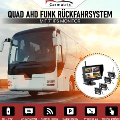 CARMATRIX AHD QUAD DVR 4 Kanal Funk Rückfahrsystem Digital Auto Wohnmobil Monitor mit Mikrofon (4 Kameras)