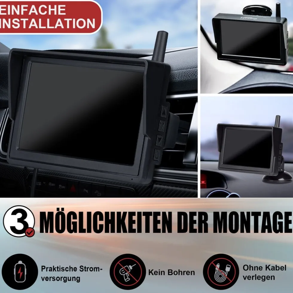 CARMATRIX DUO HD Solar Funk Rückfahrkamera mit 5" Monitor Rückfahrsystem für Front und Heck