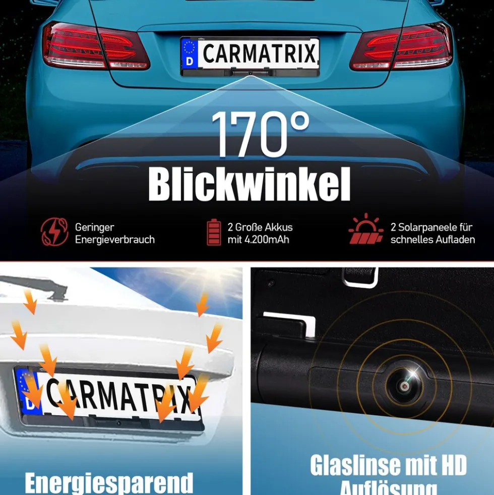 CARMATRIX DUO HD Solar Funk Rückfahrkamera mit 5" Monitor Rückfahrsystem für Front und Heck
