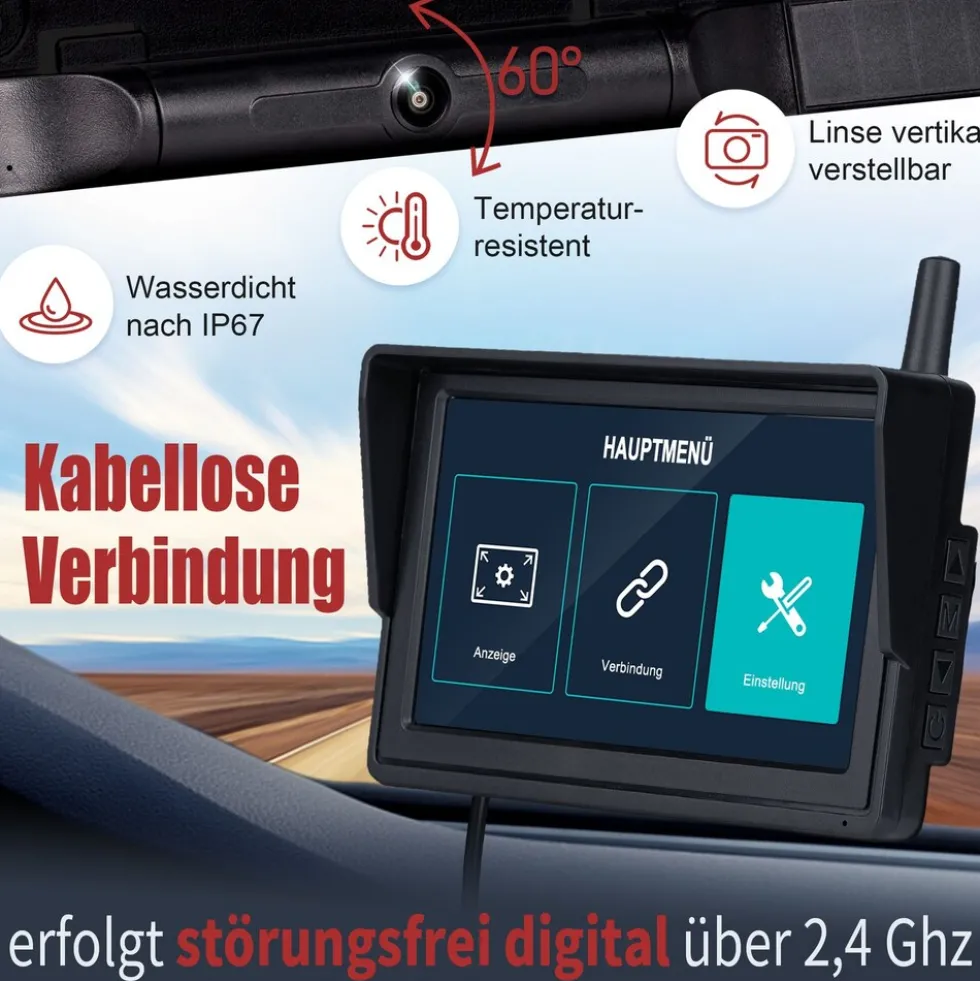 CARMATRIX DUO HD Solar Funk Rückfahrkamera mit 5" Monitor Rückfahrsystem für Front und Heck