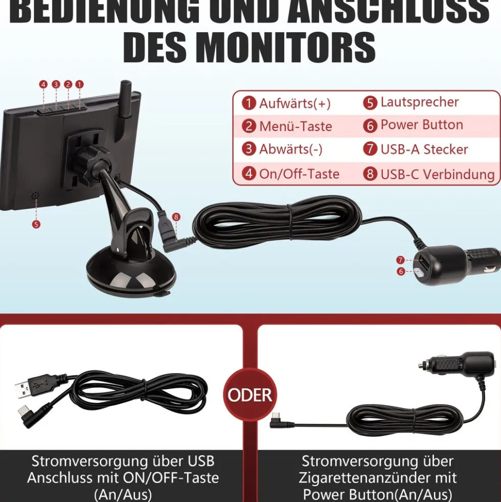 CARMATRIX Funk Rückfahrkamera Digital im Nummernschildhalter mit 4,3" Monitor Nachtsicht LED's ( ohne Solar )