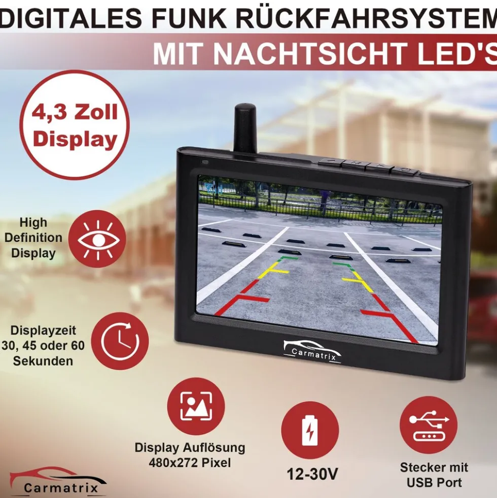 CARMATRIX Funk Rückfahrkamera Digital im Nummernschildhalter mit 4,3" Monitor Nachtsicht LED's ( ohne Solar )