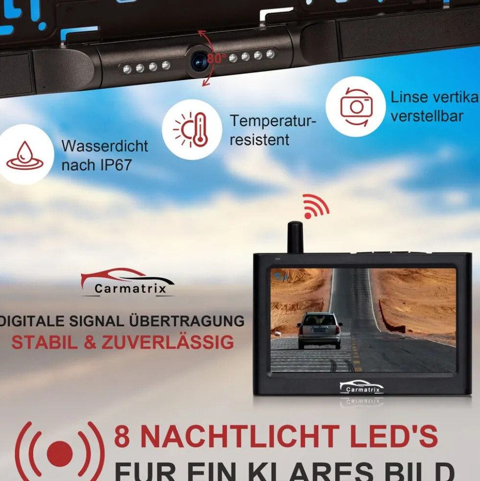 CARMATRIX Funk Rückfahrkamera Digital im Nummernschildhalter mit 4,3" Monitor Nachtsicht LED's ( ohne Solar )