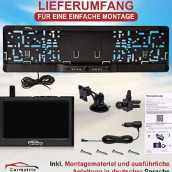 CARMATRIX Funk Rückfahrkamera Digital im Nummernschildhalter mit 4,3
