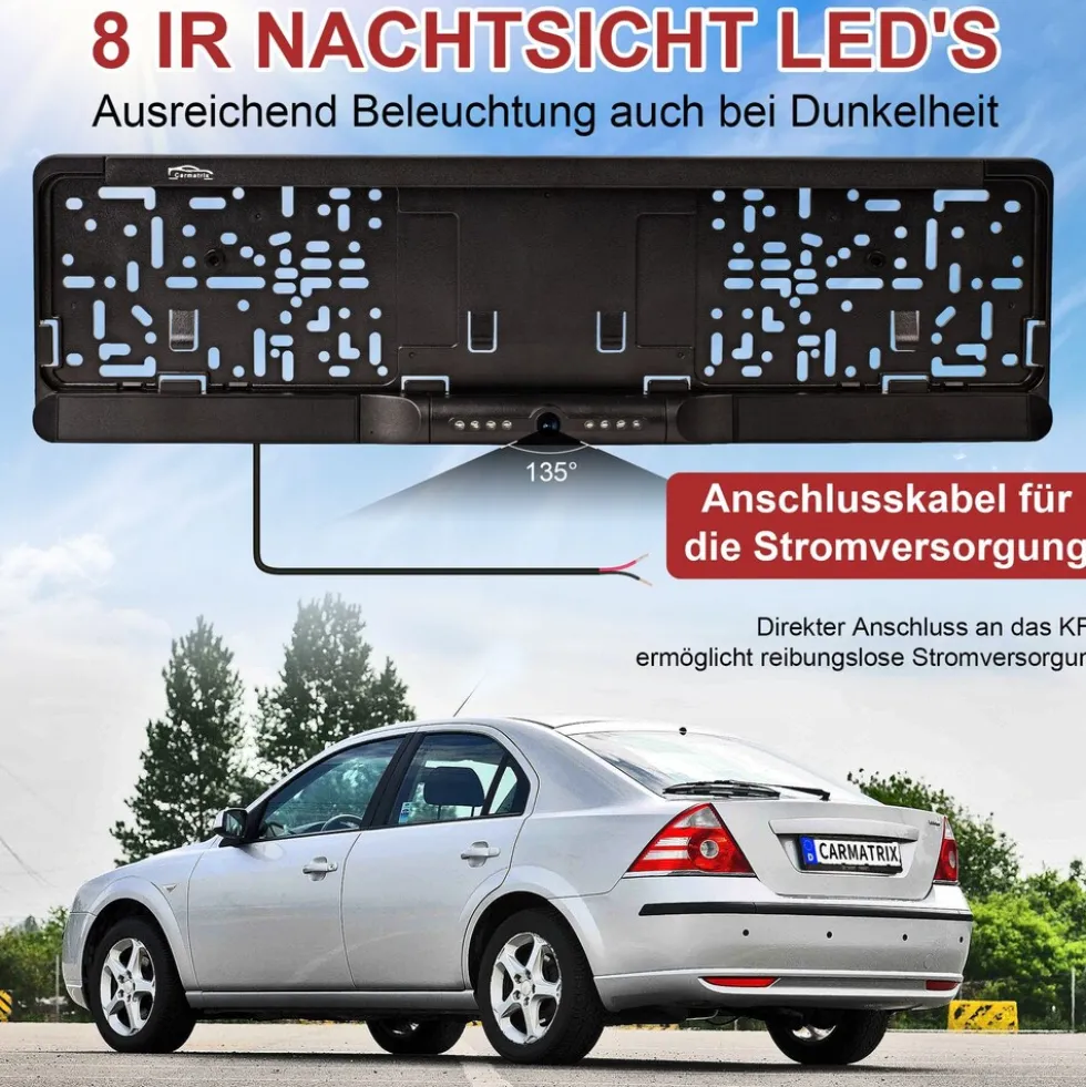 CARMATRIX Funk Rückfahrkamera Digital im Nummernschildhalter mit 4,3" Monitor Nachtsicht LED's ( ohne Solar )
