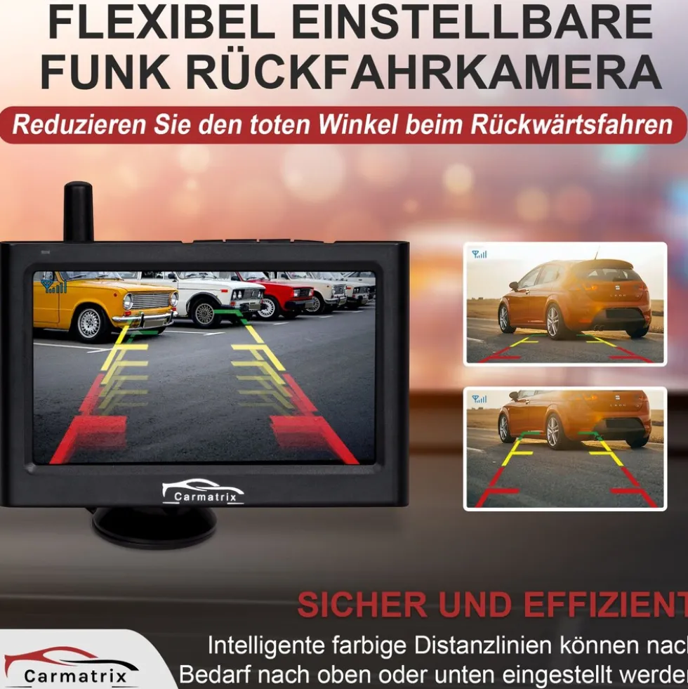 CARMATRIX Funk Rückfahrkamera Digital im Nummernschildhalter mit 4,3" Monitor Nachtsicht LED's ( ohne Solar )