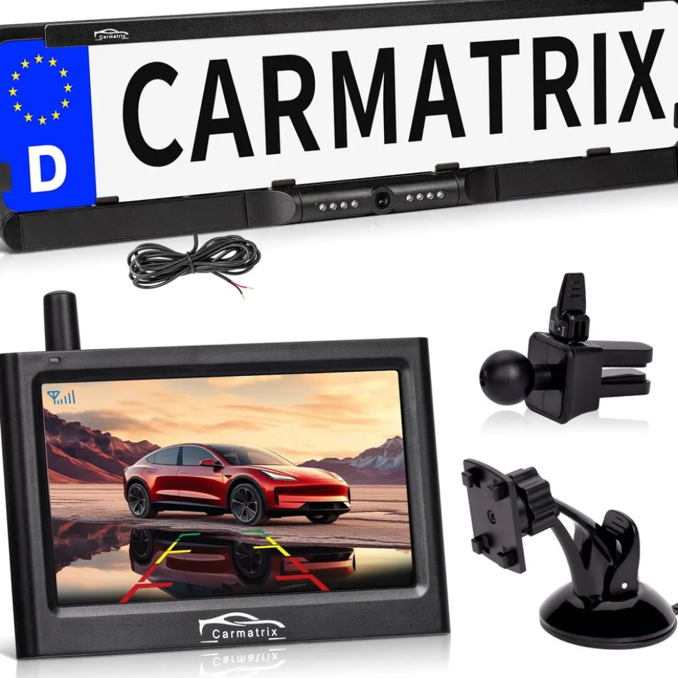 CARMATRIX Funk Rückfahrkamera Digital im Nummernschildhalter mit 4,3" Monitor Nachtsicht LED's ( ohne Solar )