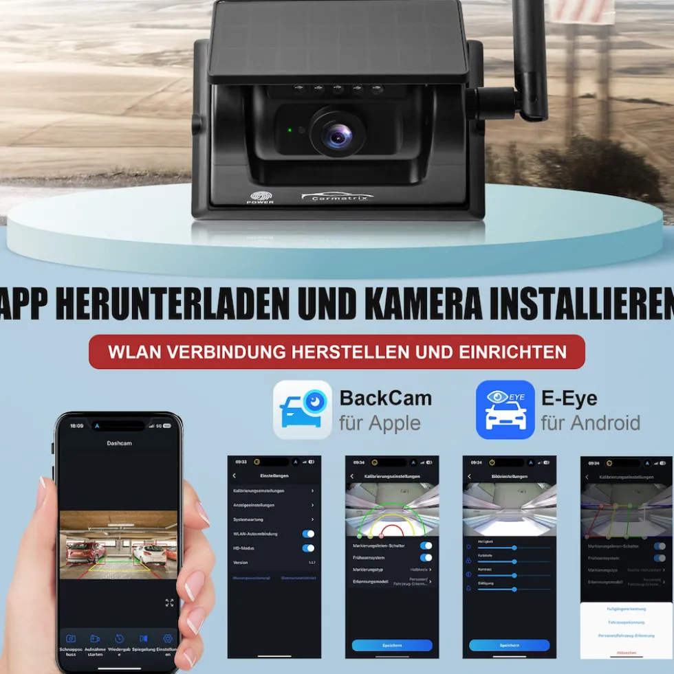CARMATRIX Funk WLAN Solar Rückfahrkamera mit Magnet KI Personenerkennung mit APP