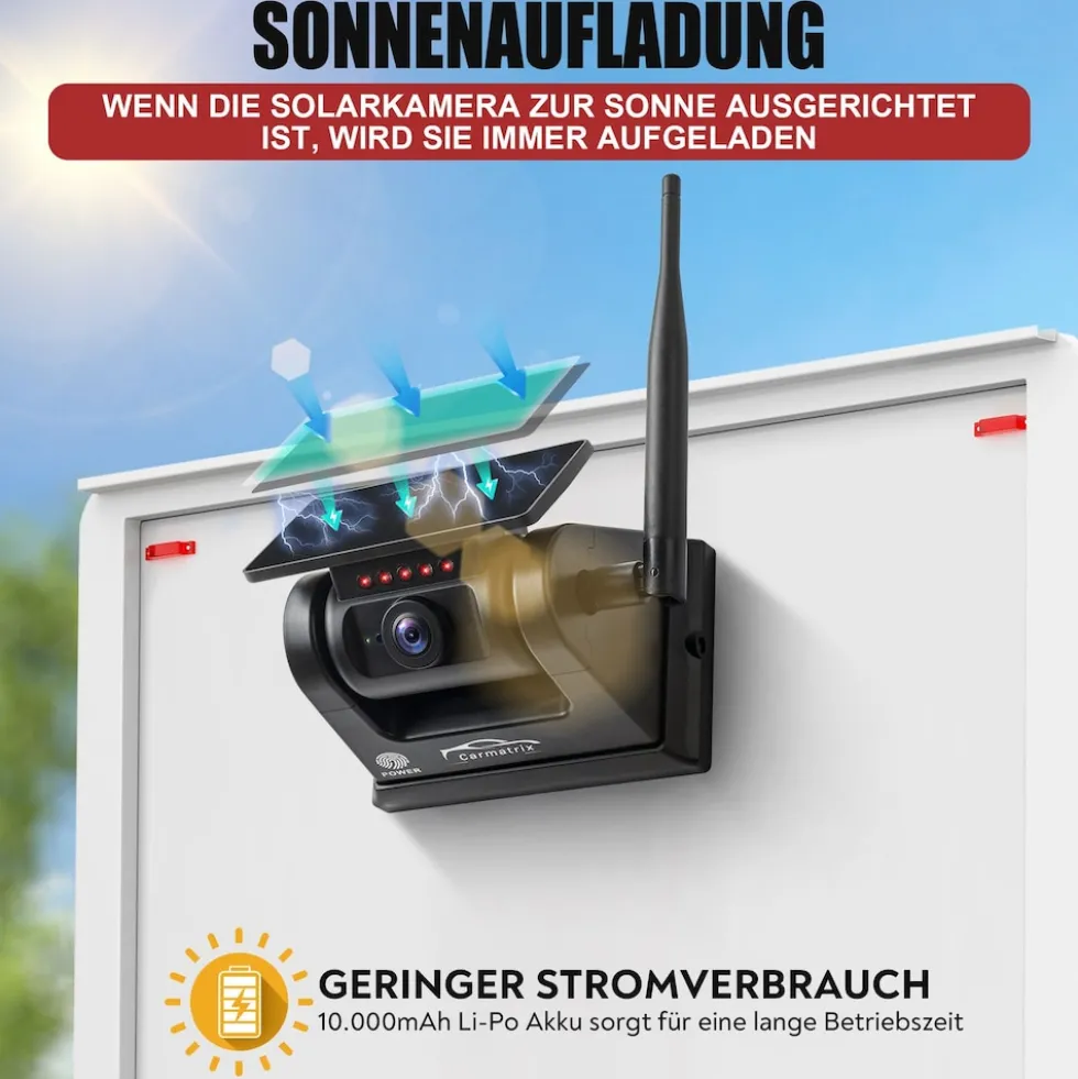 CARMATRIX Funk WLAN Solar Rückfahrkamera mit Magnet KI Personenerkennung mit APP