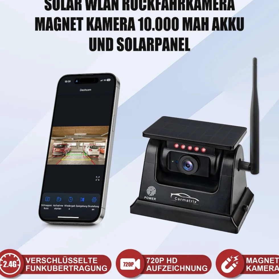 CARMATRIX Funk WLAN Solar Rückfahrkamera mit Magnet KI Personenerkennung mit APP