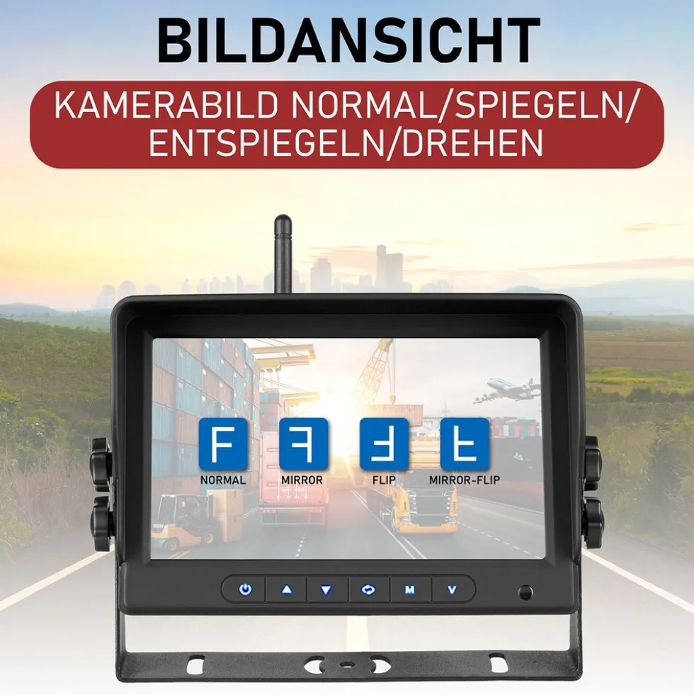 CARMATRIX HD Funk Rückfahrsystem Digital für LKW Wohnmobil Auto Transporter 7" Monitor mit Aufnahmefunktion, Mikrofon 2 Kameras
