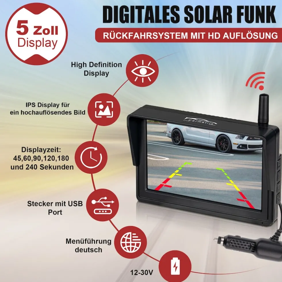 CARMATRIX HD Solar Funk Rückfahrkamera mit 5" Monitor Nummernschildkamera mit Solarpanel für vorne oder hinten