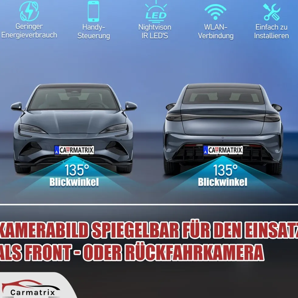 CARMATRIX Solar Auto WLAN Rückfahrkamera KI Personenerkennung