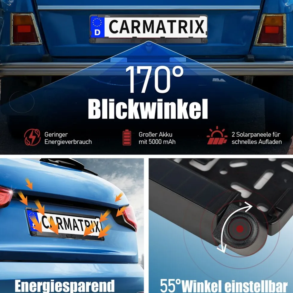 CARMATRIX Solar Rückfahrsystem PDC Einparksensoren mit Android Auto und Apple CarPlay