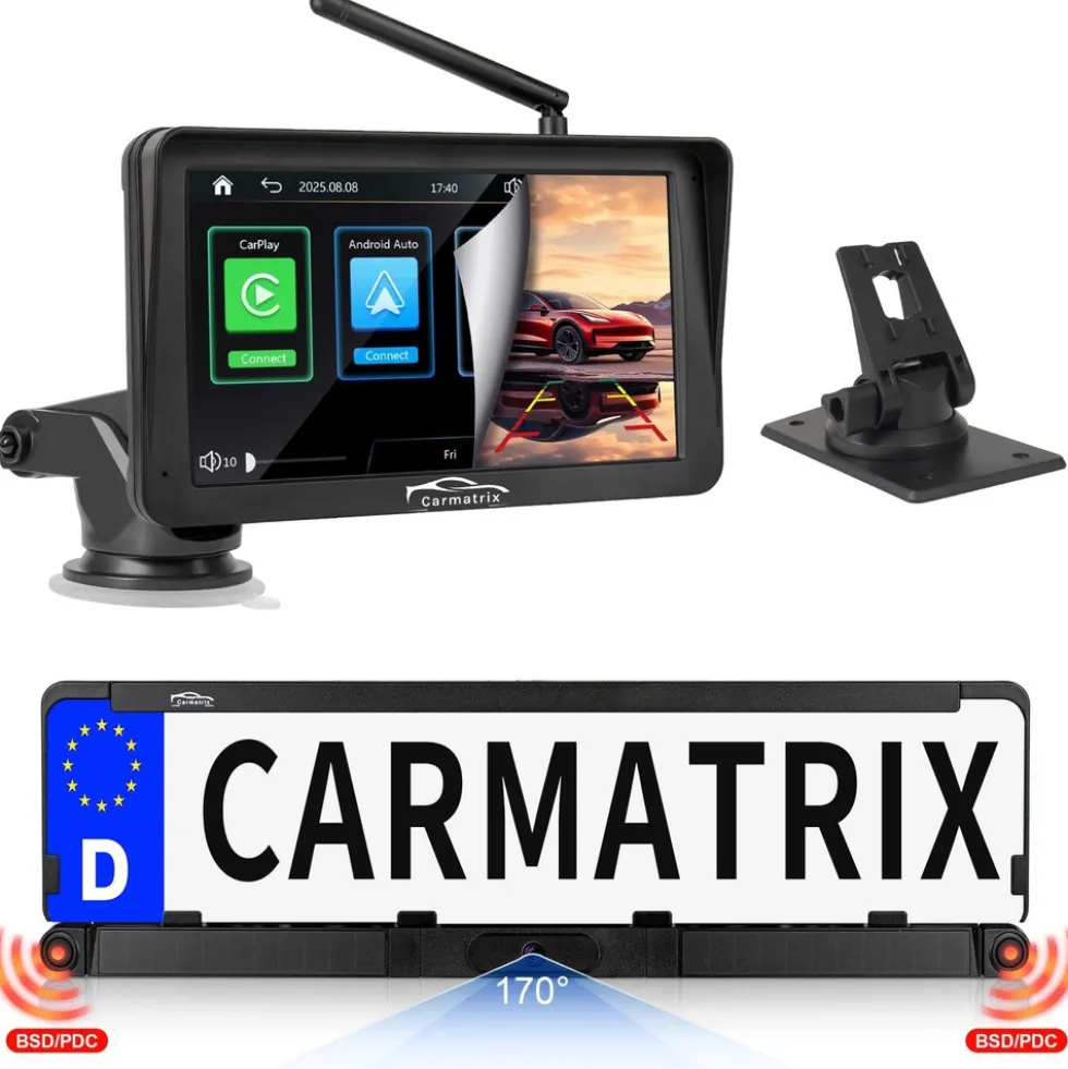 CARMATRIX Solar Rückfahrsystem PDC Einparksensoren mit Android Auto und Apple CarPlay