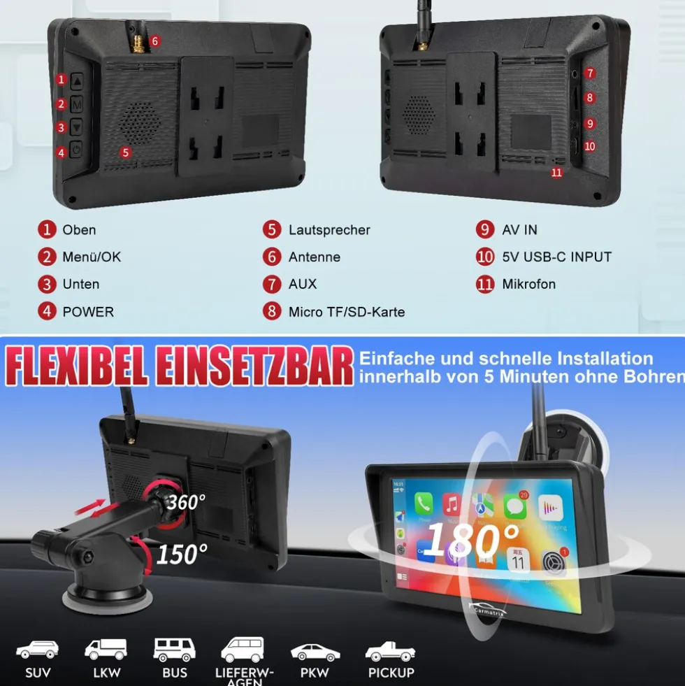 CARMATRIX Solar Rückfahrsystem PDC Einparksensoren mit Android Auto und Apple CarPlay