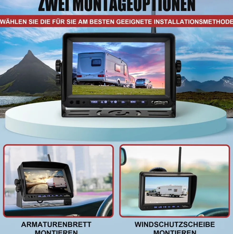 CARMATRIX Solar Rückfahrsystem 7" Monitor magnetische Rückfahrkamera mit Akku für Wohnmobil, LKW, Transporter