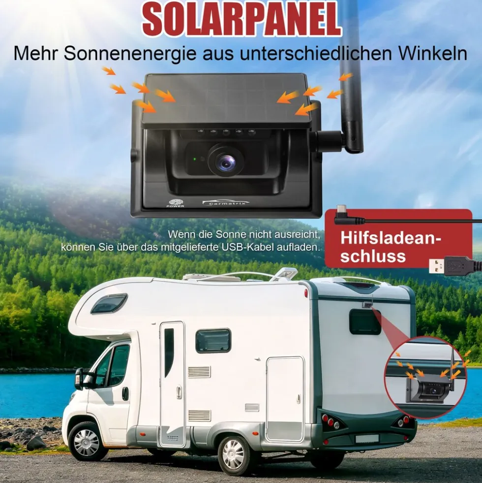 CARMATRIX Solar Rückfahrsystem mit Android Auto und CarPlay Magnet Rückfahrkamera