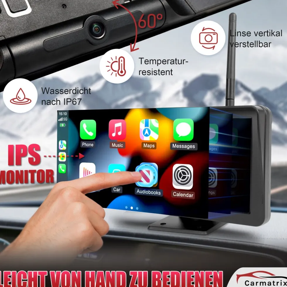 CARMATRIX Solar Rückfahrsystem mit Android Auto und Apple CarPlay, GoogleMaps, YouTube